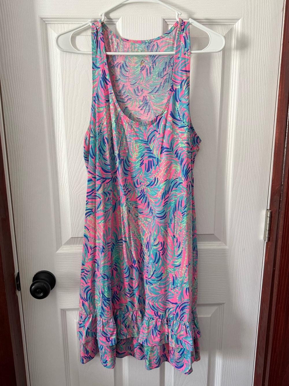 LILLY PULITZER EVANGELIA COCO BREEZE PINK SUNSET DRESS RACER BACK RUFFLES SIZE M